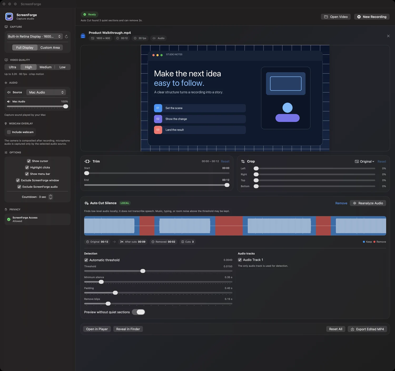 ScreenForge Auto Cut Silence with editable waveform segments, local analysis controls and preview