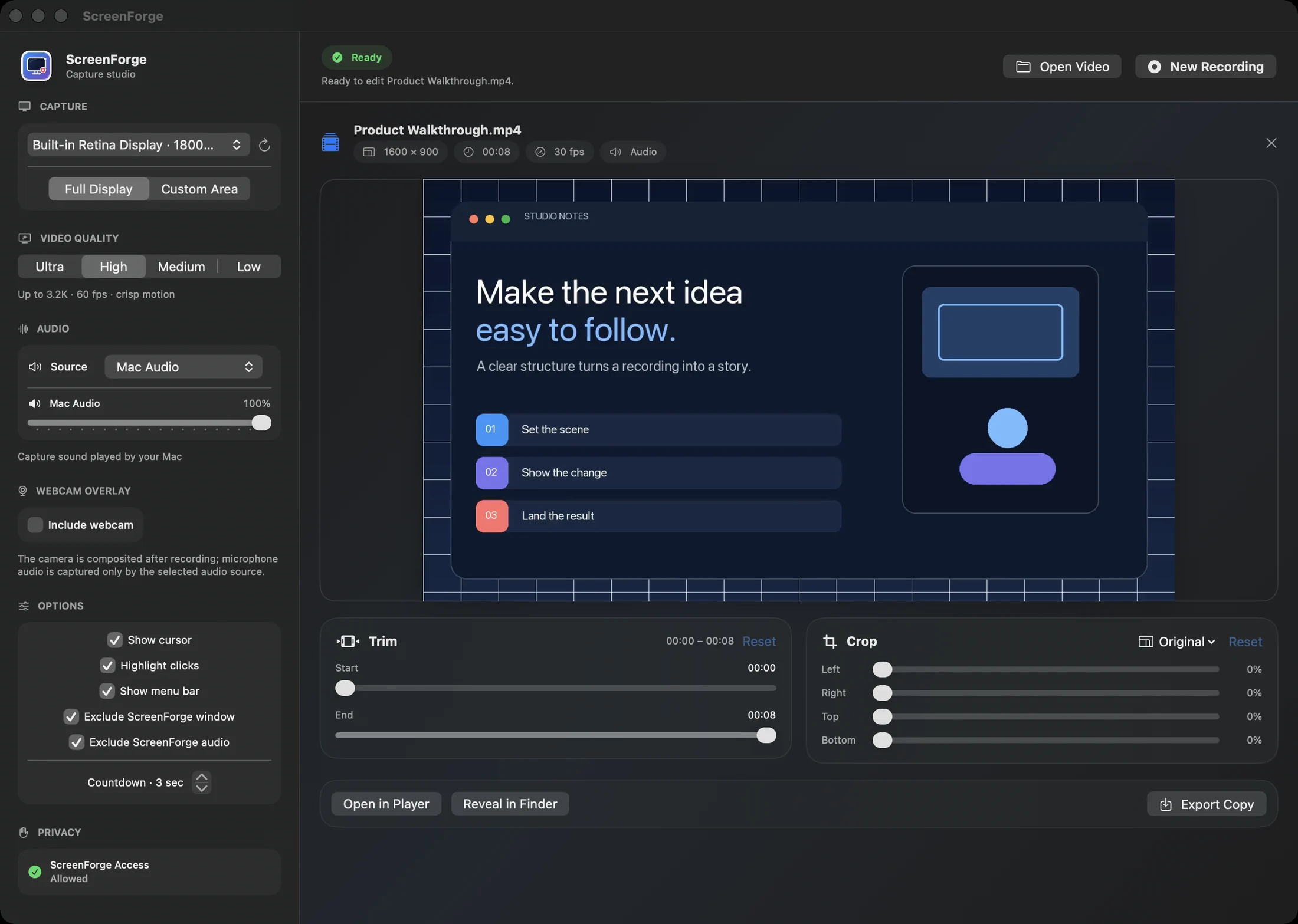 ScreenForge editor with preview, trim controls, crop controls and MP4 export