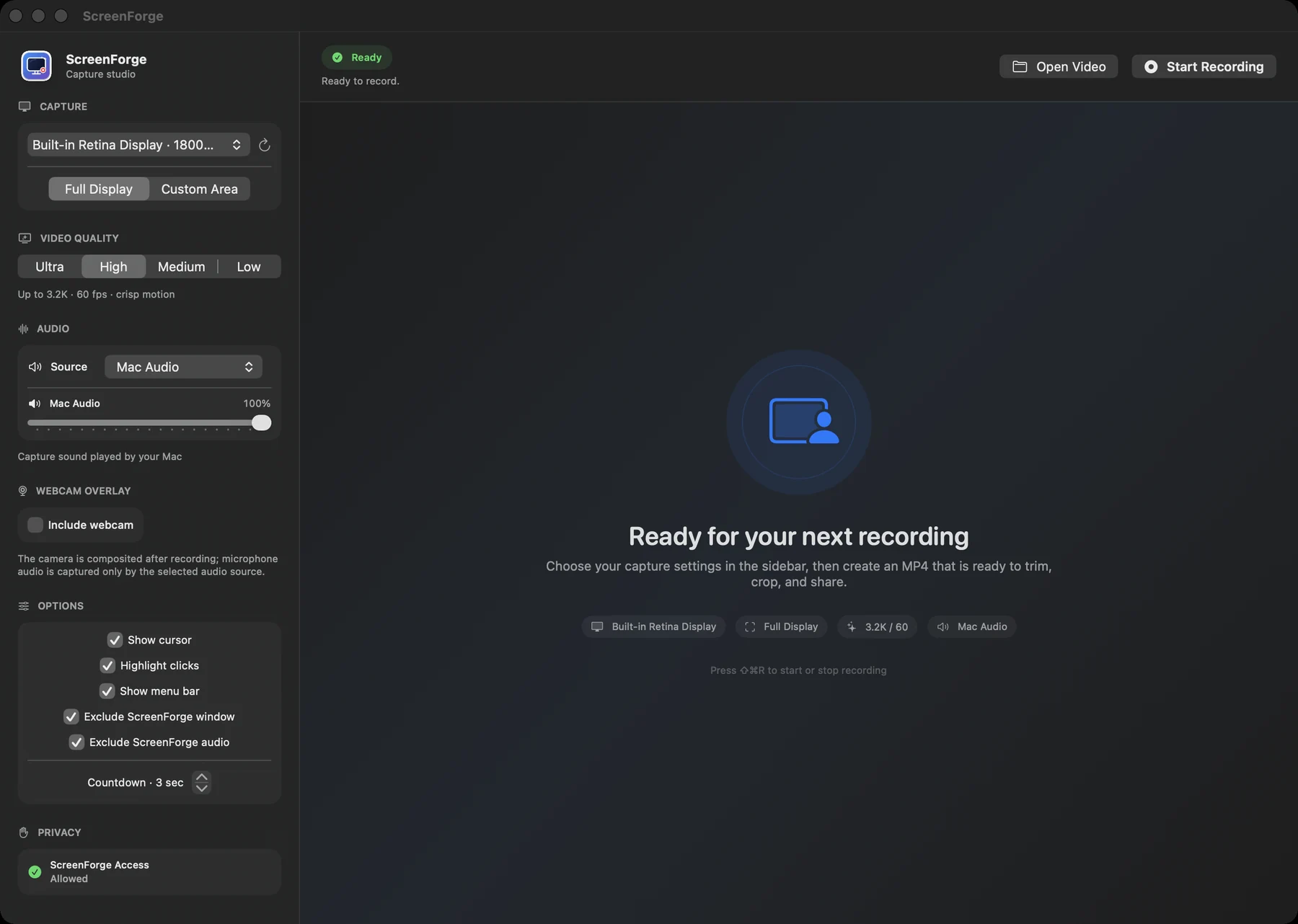 ScreenForge recording setup with display, quality, audio, webcam, cursor, click highlight and privacy controls