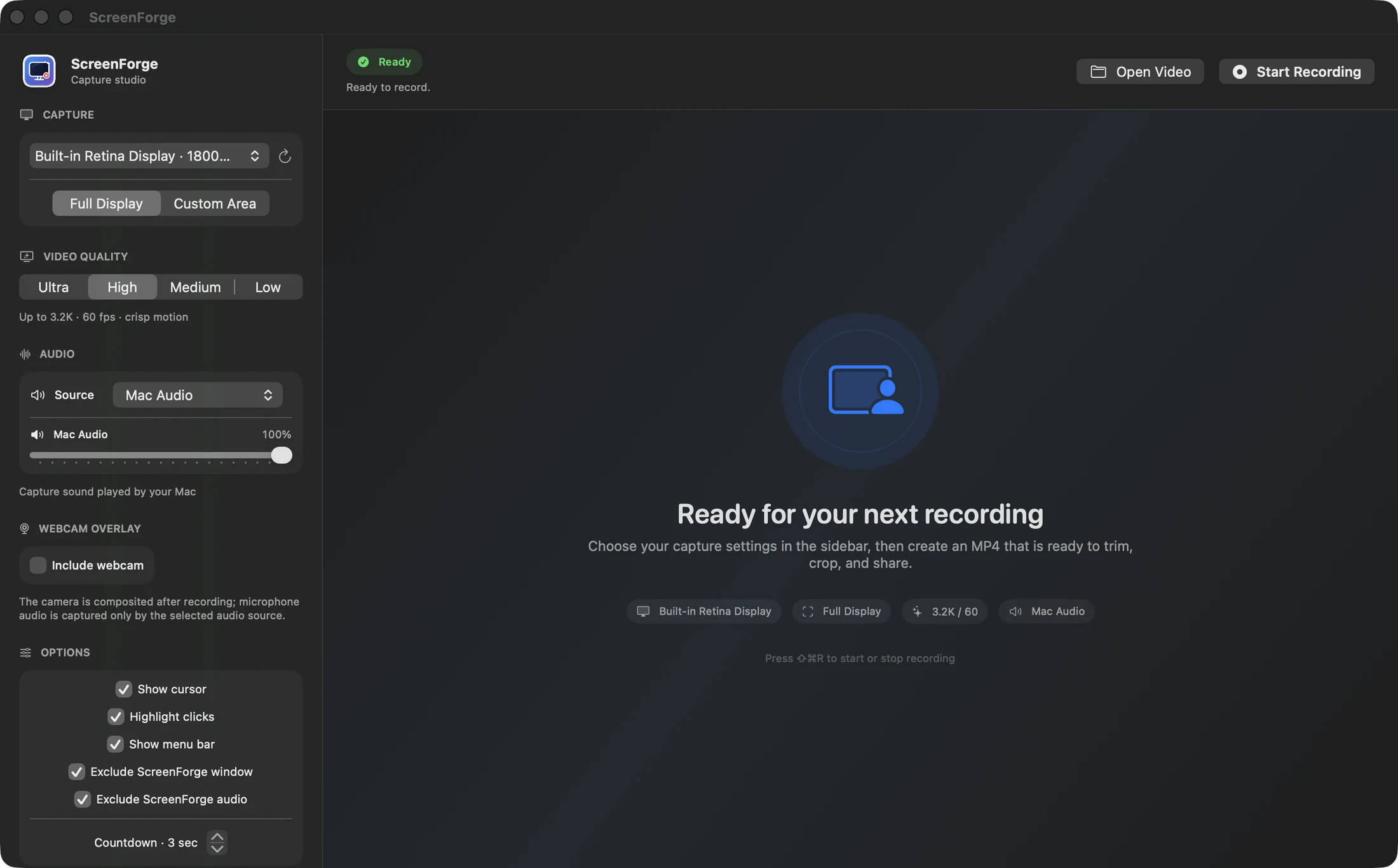 ScreenForge ready to record a Retina display with Mac audio and High video quality selected